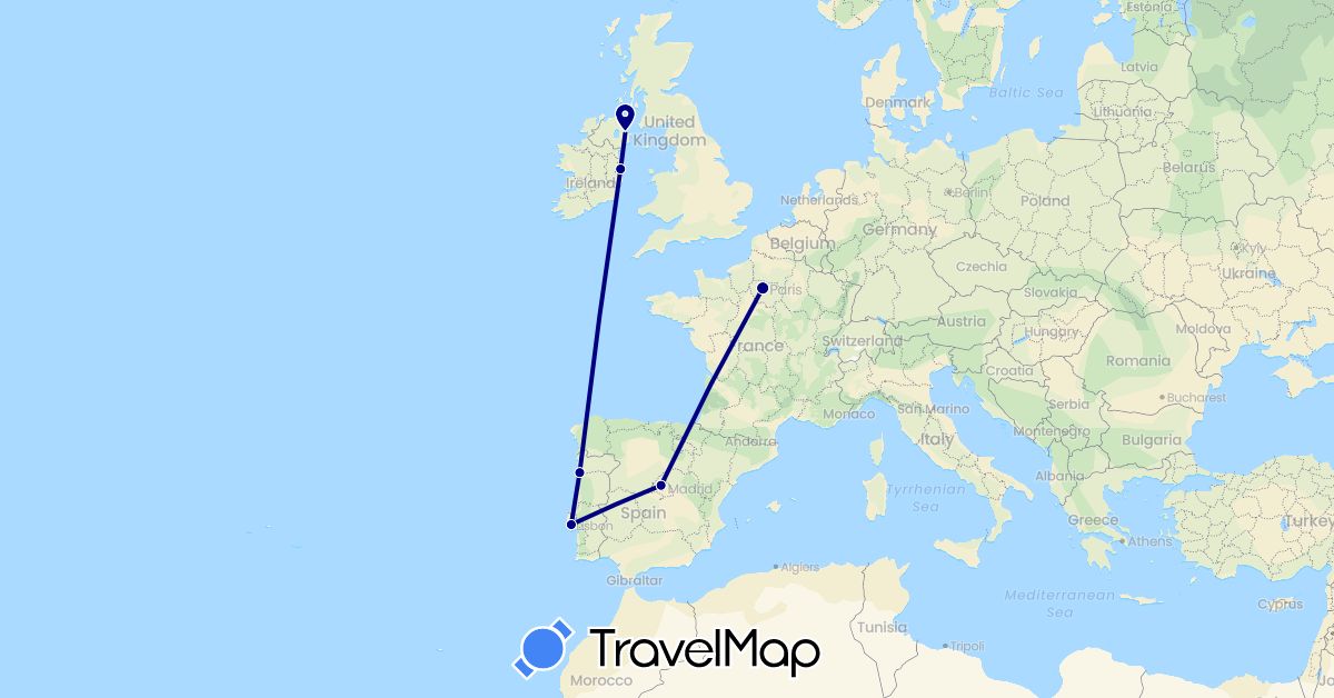 TravelMap itinerary: driving in Spain, France, United Kingdom, Ireland, Portugal (Europe)